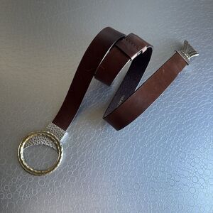 Chicos Leather Belt Brown Hammered Mixed Metal Slide Statement - Size M L